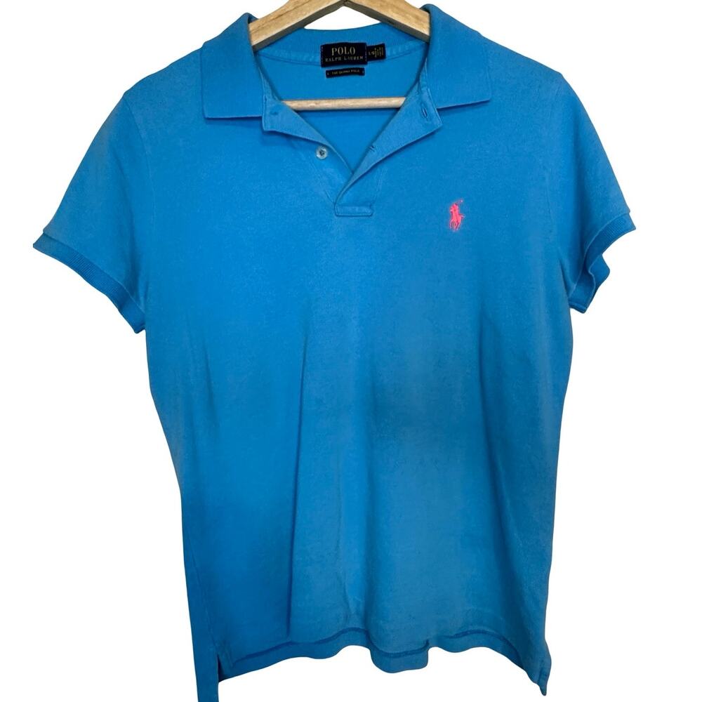 Polo Ralph Lauren Women's The Skinny Polo Shirt Blue Pink Pony Cotton Size L
